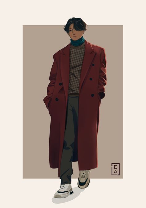 Mens Outfits Drawing, Mens Aesthetic Outfit, Male Fashion Illustration, Fashion Illustration Men, Red Turtleneck Outfit, Men Fashion Illustration, Male Illustration, Men's Fashion Illustration, Environmental Posters