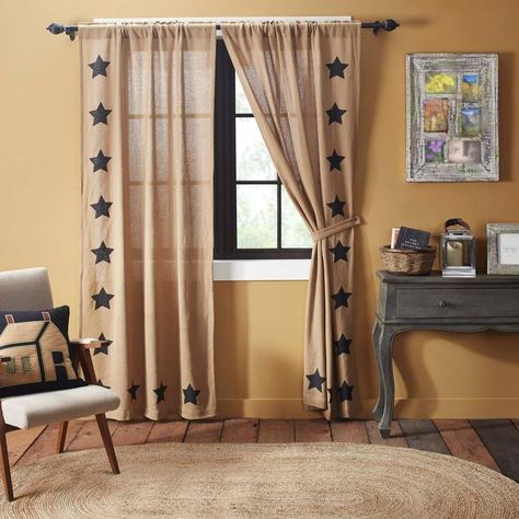 Burlap Border, Stenciled Curtains, Americana Home, Burlap Curtains, Vhc Brands, Farmhouse Curtains, Star Stencil, Country Curtains, Primitive Farmhouse