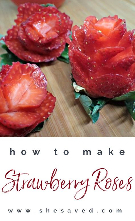 Make Roses out of Strawberries! Cake Decorated With Fruit, Strawberry Rose, Fruit Platter Designs, Kid Recipes, Cut Strawberries, Decoration Patisserie, Strawberry Roses, Seasons Activities, Strawberry Decorations