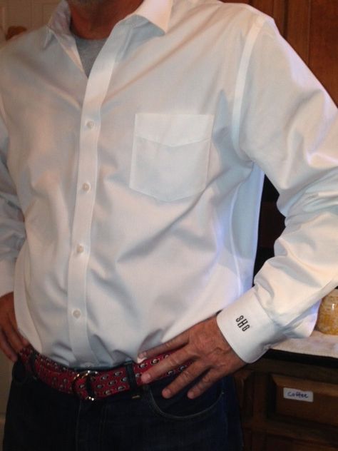 Direct from one of my style icons:  Split-collar shirt with a simple monogram on the left cuff (and JUST the left cuff).  This is a great present or way to revamp/personalize your wardrobe! Simple Monogram, Monogram Shirts, Shirt Cuff, Machine Embroidery Applique, Collared Shirt, Collar Shirt, Shirt Ideas, Embroidery Applique, Collar Shirts