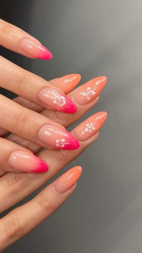 Hibiscus Nails Almond, Almond Ombre, Hibiscus Nails, Hawaiian Nails, Easy Nail Designs Summer, Summer Nails Almond, Summer Nails 2024, Trendy Nail Polish, Sunset Nails