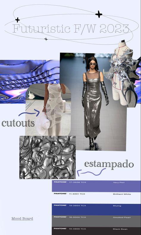 Stylist Moodboard Fashion, 50s Fashion Moodboard, Futuristic Moodboard Inspiration, Styling Moodboard Fashion, Futuristic Fashion Moodboard, Futuristic Fashion Illustration, Silhouette Board Fashion, Fashion Moodboard Portfolio, Fashion Moodboard Ideas