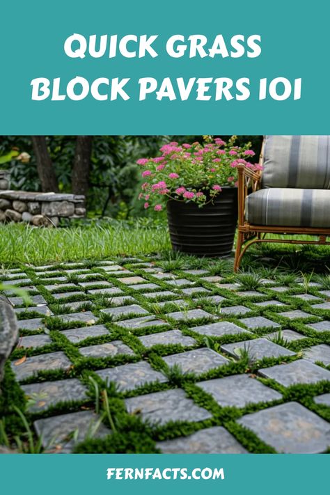 Quick grass block pavers tutorial with a cozy outdoor seating area and flowering plant in the background. Grass Block, Grass Pavers, Large Pavers, Ferns Care, Plastic Grass, Natural Swimming Ponds, Side Yard Landscaping, Ferns Garden, Types Of Grass