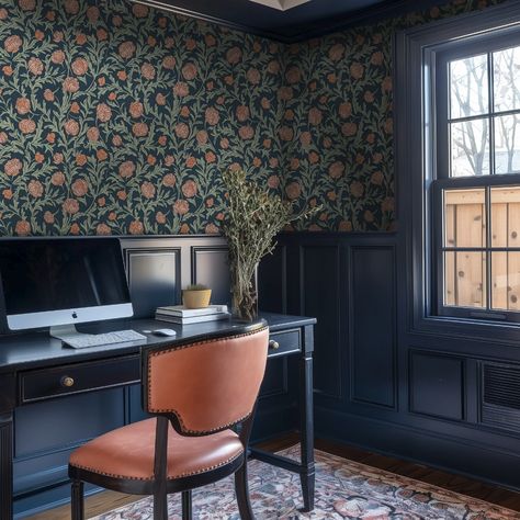 Blume Wallpaper – Painted Paper Dark Blue Dining Room, Craftsman Wallpaper, Wallpaper Bookcase, Timeless Wallpaper, Dining Room Wainscoting, Home Office Library, Wainscoting Panels, Paint Combinations, Dining Room Blue