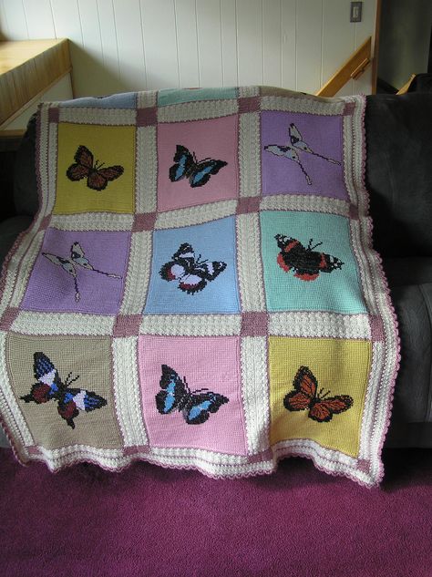 butterfly pattern crochet afghan Crochet Blanket Butterfly, Butterfly Crochet Blanket, Crochet Butterfly Blanket, Butterfly Afghan, Adult Blankets, Crocheted Butterfly, Crochet Butterflies, Fancy Crochet, Knit Afghan