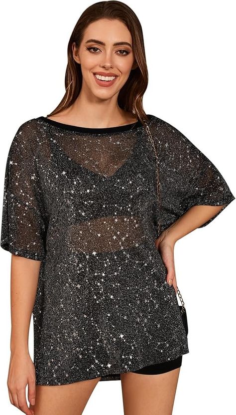 QIANXIZHAN Sparkle and Shine with Women's T Shirt Glitter Sheer See Through Sleeve Mesh Top Tee Blouse Star Long Sleeve M at Amazon Women’s Clothing store Short Sleeve Mesh Top, Mesh Clothing, Sparkle And Shine, Mesh Sleeves, Sleeves (women), Outdoor Woman, Amazon Women, Concert Outfit, Top Tee