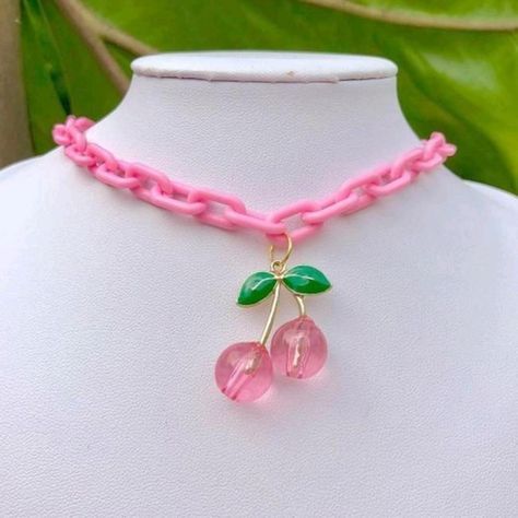 Pink Cherry, Choker, Cherry, Chain, Green, Pink, Kawaii