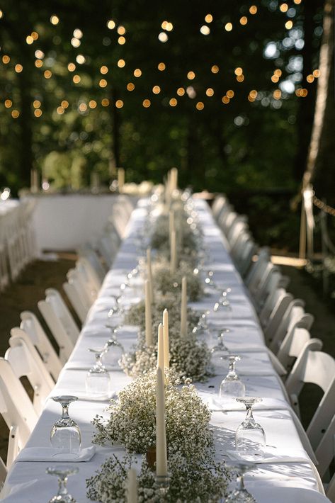 Wedding Tablescapes With Candles, Baby Breaths Center Piece, Shot Table Wedding, Simple Greenery Table Decor, White Table Cloth With Runner Wedding, Simple Greenery Wedding, Winter Whites, Baby's Breath Centerpieces Wedding, Wedding Refreshment Table