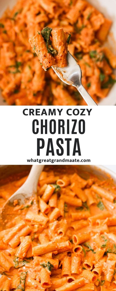 Delicious, easy, and creamy Chorizo Pasta that comes together in just 30 minutes. The creamy sauce complements the chorizo's spicy kick, resulting in a warm, comforting dish perfect for a cold day. Chorizo Spaghetti Sauce, Chorizo Sausage Pasta, Pasta With Chorizo Sausage, Pasta Chorizo Recipes, Spicy Chorizo Pasta, Creamy Chorizo Pasta, Recipes With Chorizo, Chorizo Spaghetti, September Dinner