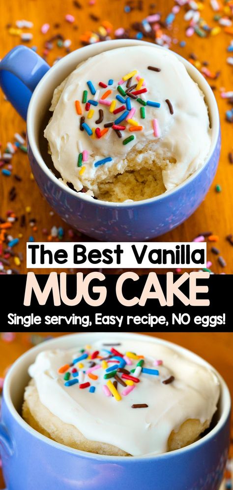 Mug Cake Frosting Recipe, Quick And Easy Gf Snacks, Milk Free Mug Cake, Honey Mug Cake Microwave, Mug Cake Recipe Without Baking Powder, Microwave Pudding Recipe, Mug Cake Without Baking Powder, Greek Yogurt Mug Cake, Easy Vanilla Mug Cake