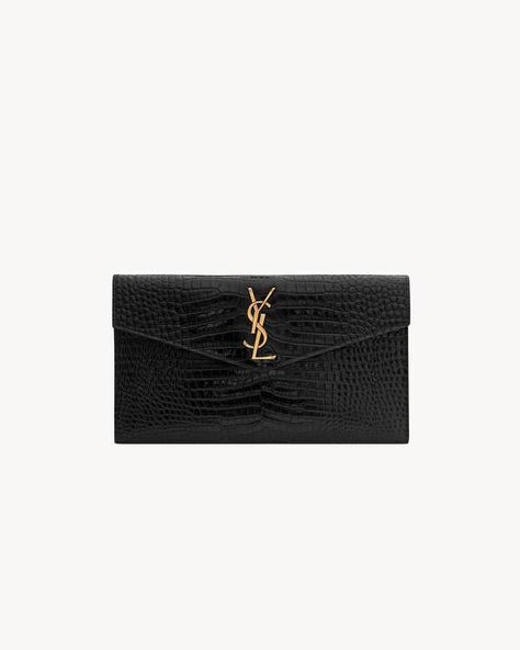 UPTOWN POUCH IN CROCODILE-EMBOSSED SHINY LEATHER | Saint Laurent | YSL.com Ysl Uptown Pouch, Envelope Pouch, Small Envelope, Small Envelopes, Balenciaga Designer, Gold Tone Metal, Emboss, Card Case, Luxury Bags