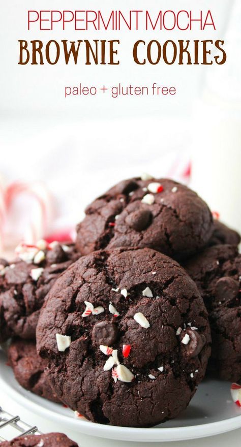 Peppermint Mocha Brownie Cookies - soft and chewy, minty chocolate chunk cookies with hints of coffee. Gluten Free & Paleo Paleo Christmas Cookies, Baileys Fudge, Chocolate Peppermint Cookies, Chocolate Brownie Cookies, Mint Cookies, Peppermint Cookies, Chocolate Chunk, Chocolate Chunk Cookies, Peppermint Mocha