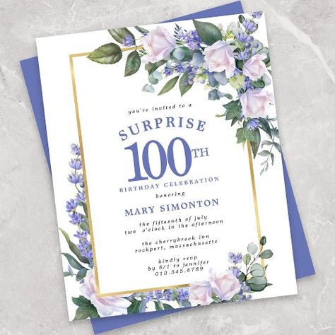 $1.33 | Budget 100th Birthday Surprise Party Invitation | Summer Birthday Invitations | 100th birthday surprise party invitation, budget affordable low-cost, elegant watercolor white rose floral, pretty dusty blue flower, luxury gold frame, adult woman milestone birthday, one hundred 100, new for summer 2024, spring fall winter june july, august september may april 50th Birthday Surprise, Surprise 50th Birthday Party, Summer Birthday Invitations, Winter Onederland Birthday Party, Surprise Party Invitations, Surprise Birthday Invitations, 100th Birthday Party, 21st Birthday Invitations, 60th Birthday Invitations