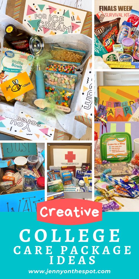 Creative College Care Package Ideas! From SUPER easy ideas to ultra-creative - find care package inspiration here! #carepackageideas #collegestudents #giftideas Diy College Care Package Ideas, First College Care Package, Care Package Box Decoration, Birthday College Care Package, Welcome To College Care Package, University Care Package Ideas, Funny Care Package Ideas, College Kid Care Package Ideas, Dorm Care Package Ideas