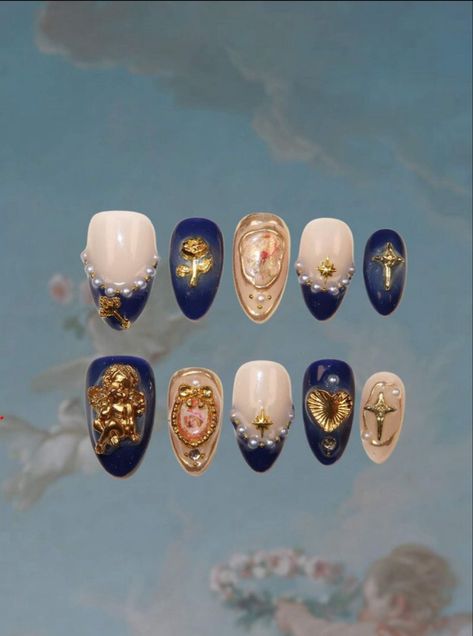 Nail Royal Blue, Navy Gold Aesthetic, Navy Blue Gold Nails, Nail Art Navy, Navy Gold Nails, Navy Blue Nails With Gold, Greek Mythology Nails, Hanukkah Nails, Baroque Nail Art