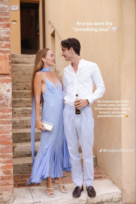 Blue Skirt Outfit Aesthetic, Blue Couple Outfits, All White Wedding Party, Tuscany Outfits, Blue Skirt Outfit, White Wedding Party, Blue Couple, Blue Skirt Outfits, Skirt Outfits Aesthetic