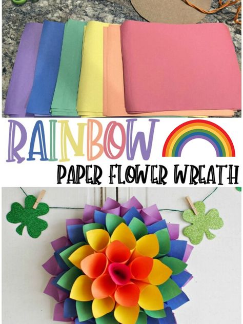 DIY Rainbow Paper Flower Wreath Create this bright and cheery rainbow paper flower wreath out of a package of construction paper and a pizza box lid! | #paperlotus #paperdahlia #wreath Cardboard Wreath Form, Construction Paper Art, Construction Paper Flowers, Paper Flower Wreath, Paper Flowers For Kids, Paper Lotus, Hair Rainbow, Paper Flower Wreaths, Paper Dahlia