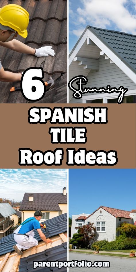 Image showcases 6 stunning Spanish tile roof ideas with text prominently displayed. Includes images of workers installing tiles, various roof styles like traditional clay and modern designs, and completed homes featuring Spanish tile roofing. A perfect mix of practicality and aesthetic for Mediterranean and contemporary homes. Clay Roof Tiles Houses, Roof Tiles Design, Modern Roof Design, Spanish Style Home Interior, Spanish Tile Roof, Building A New House, Slate Roof Tiles, Roof Ideas, Clay Roofs