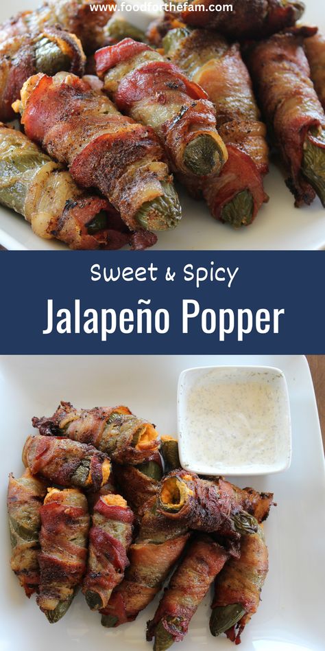 A fun appetizer with a little kick- jalapeño poppers! These are an easy finger food that will be great for a crowd or just a small gathering.  Stuffed with the best fillings and wrapped in bacon it is sure to be a winner. Jalapeno Bacon Wrapped, Easy Finger Food, Bacon Wrapped Jalapeno Poppers, Jalapeno Popper Recipes, Bacon Wrapped Jalapenos, Jalapeño Poppers, Poppers Recipe, Pork Rub, Wrapped In Bacon