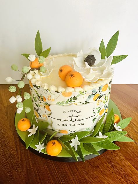 Orange themed cake, baby shower cake, a little cutie is on the way cake Cutie Themed Baby Shower Cake, Cutie Themed Cake, Citrus Theme Cake, A Little Cutie Is On The Way Cake, Cutie Orange Cake, Orange Theme Cake, Little Cutie Baby Shower Cake, Cuties Cake, Little Cutie Cake