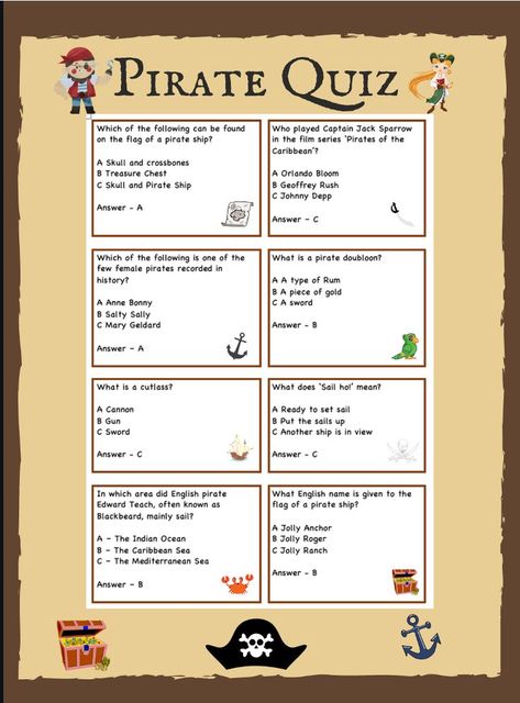 Great fun! Adult Pirate Games, Pirate Games For Adults, Pirate Trivia, Adult Pirate Party Ideas, Pirates Of The Caribbean Party, Pirate Party Food, Pirate Printables, Pirate Party Games, Family Quiz