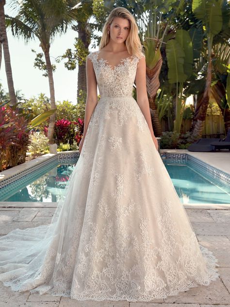 Vestido de noiva com aplicações de renda chantilly francesa na saia e corpo coleção Tutti Sposa Demetrios Bridal, Illusion Neckline Wedding Dress, Wedding Dress Photos, Wedding Dress Cap Sleeves, Pretty Wedding Dresses, Wedding Dress Pictures, Wedding Dresses Photos, Chapel Train, Chantilly Lace