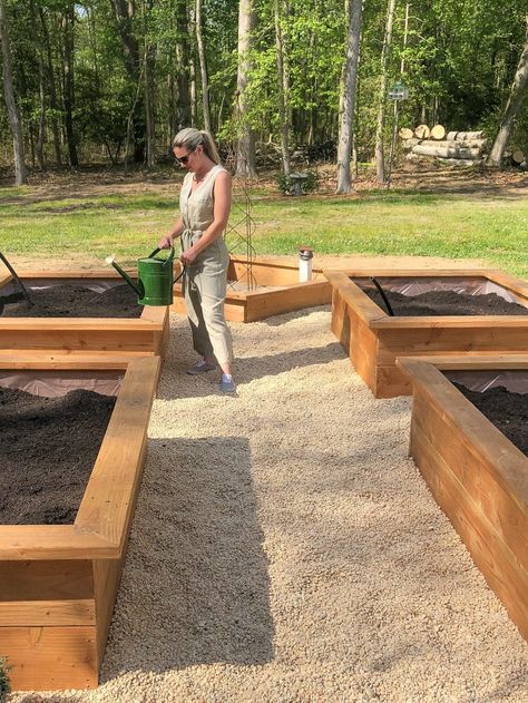 Small Pea Gravel Garden, English Garden Pea Gravel, Raised Bed Garden With Pea Gravel, Gravel Garden Bed, Pea Gravel Alternative, Gravel Porch Ideas, Pea Gravel Around Raised Garden Beds, Pea Shingle Garden Ideas, Pea Gravel Raised Bed Garden