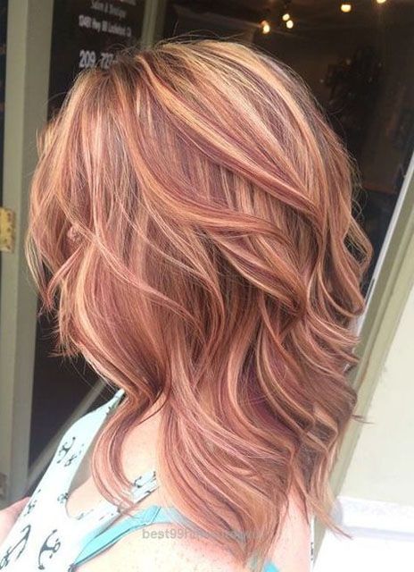 Red And Blonde Fall Hair, Cherry Red And Blonde Hair, Rose Gold Highlights Blonde, Blonde Hair With Lowlights Fall Red, Blonde Highlights With Red Lowlights, Rose Gold Lowlights, Brown Red Blonde Hair, Blonde And Red Hair Color Ideas, Blonde With Strawberry Blonde Highlights