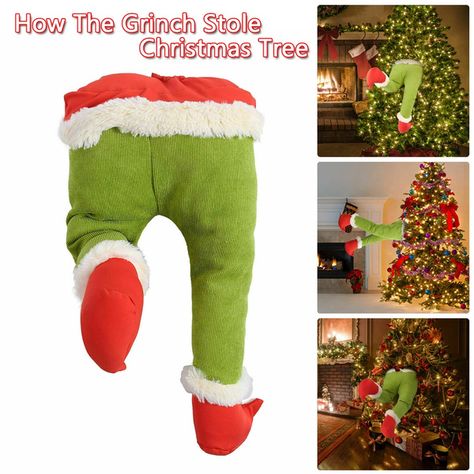 Christmas Tree Legs, Outdoor Decor Party, Elf Christmas Decorations, Grinch Christmas Party, Grinch Christmas Tree, Elf Decorations, Grinch Christmas Decorations, Doll Home, Christmas Tree Wreath