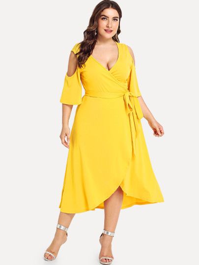 Shop Cold Shoulder Belted Wrap Dress online. SheIn offers Cold Shoulder Belted Wrap Dress & more to fit your fashionable needs. Overlap Dress, Long Wrap Dress, Belted Wrap Dress, Pattern Dress Women, Womens Prom Dresses, Plus Size Kleidung, Women Long Dresses, Linen Dresses, Wide Leg Jumpsuit