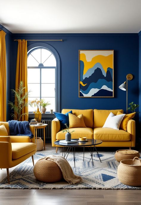 Blue and Yellow Boho Decor Yellow And Blue Living Room, Blue And Mustard Living Room, Blue And Yellow Living Room, Grey And Yellow Living Room, Textured Cushions, Boho Decor Ideas, Boho Inspo, Blue Living Room Decor, Blue Office