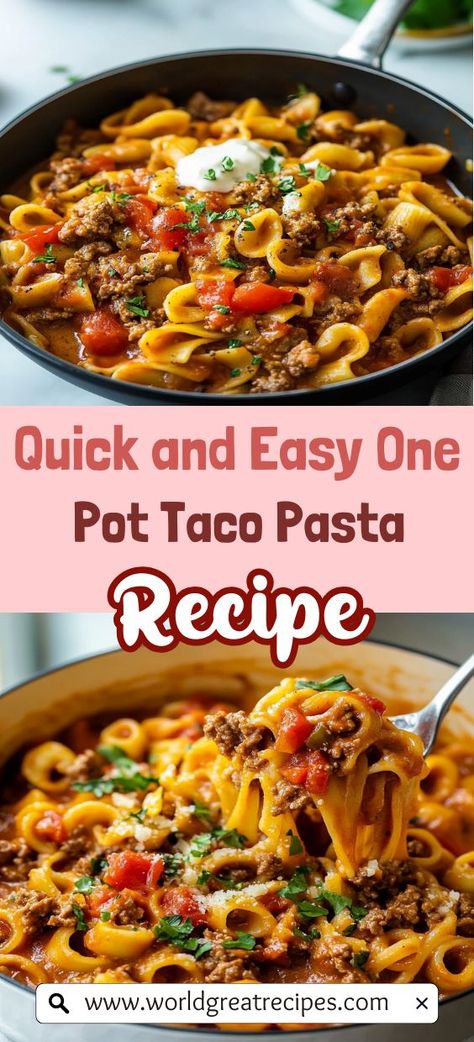 Discover the ultimate weeknight meal with this Quick and Easy One Pot Taco Pasta Recipe. Combining the rich flavors of taco seasonings with tender pasta, this one-pot dish is perfect for busy families. Ready in just 30 minutes, you won't need to worry about multiple pots or pans! Customize your bowl with fresh toppings like cilantro, avocado, and sour cream for a delightful finish. Make mealtime a breeze while serving up a comforting, delicious meal that everyone will love. One Pot Taco Pasta, Easy Taco Pasta, Taco Pasta Recipe, Quick Easy Family Meals, Taco Pasta Recipes, Taco Pasta, Easy Taco, One Pot Dishes, Budget Friendly Recipes