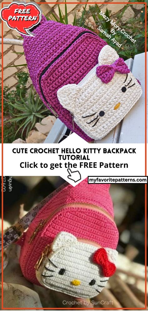 Cute Crochet Hello Kitty Backpack Tutorial Cute Crochet Backpack Free Pattern, Crochet Plush Backpack, Hello Kitty Crochet Bag, Crochet Hello Kitty Bag, Crochet Backpack Free Pattern, Crochet Mini Backpack, Crochet Bag Easy, Crochet A Bag, Crochet Hello Kitty