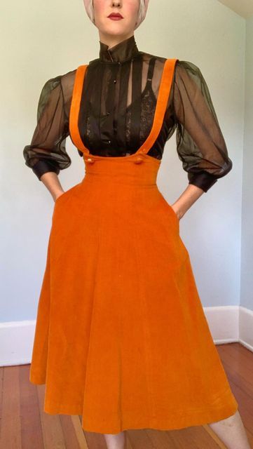 Amanda Suter on Instagram: "SOLD exclusively on IG! How sweet is this piece?! The color just KILLS my little Halloween-loving heart! Original late 1940s vibrant pumpkin orange super soft cotton corduroy pinafore dress by “Ilene Ricky!” Back metal zipper, reinforced waistband, hidden hip pockets lined in satin. Fitted gored midsection, nipped wasp waist, and gored flared skirt. Excellent condition, size small, accommodating any size bust, a higher waist/under-bust of 28 inches, a natural waist of Wasp Waist, Corduroy Pinafore, Costume Inspirations, Corduroy Pinafore Dress, Loving Heart, Pinafore Dress, Pumpkin Orange, Flared Skirt, Metal Zipper