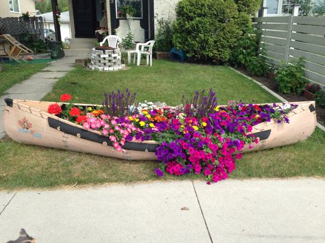 My flower bed canoe middle of summer. Canoe Planter Ideas, Canoe Garden Ideas, Canoe Flower Bed, Old Canoe Ideas, Boat Flower Bed, Canoe Garden, Canoe Planter, Canoe Paddle Art, Canoe Ideas