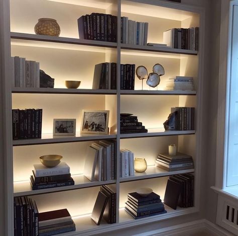 Library Shelving, Bookshelf Lighting, Brass Trim, Home Library Design, Brass Antique, Dream House Interior, Home Room Design, Home Office Design, House Inspo