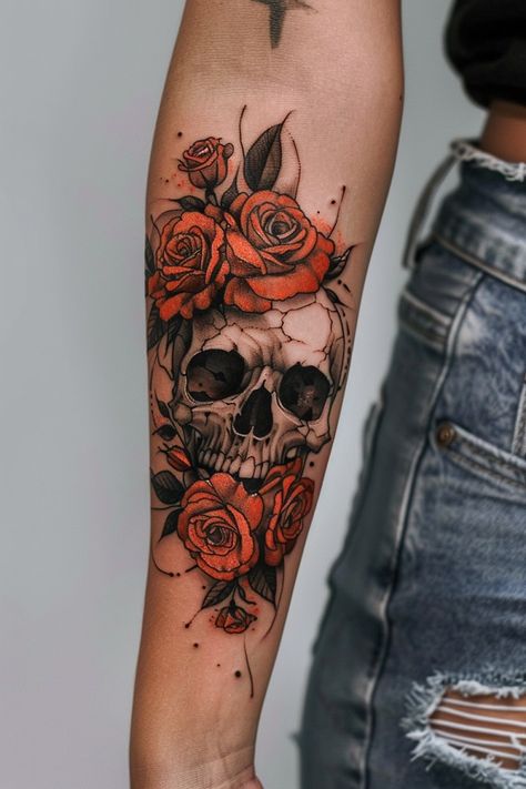 Edgy Tattoo Designs for Women Rose Tattoos For Women Sleeve, Flower And Skull Tattoos For Women, Decaying Rose Tattoo, Rose Arm Sleeve Tattoos For Women, Crow And Rose Tattoo, Women’s Skull Tattoo, Realistic Flowers Tattoo, Skull Rose Tattoo For Women, Pretty Skull Tattoos For Women Sleeve