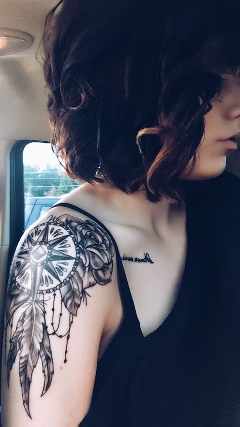 Got my third tattoo today! Compass and dream catcher mix. Feather and rose tattoo! "Follow your dreams" Elephant Shoulder Tattoo, Elephant Art Tattoo, Tattooed Couples Photography, Shoulder Tattoo Ideas, Wrap Tattoo, Framed Tattoo, Princess Tattoo, Western Tattoos, Dream Catcher Tattoo