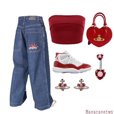 Jordan 11 Cherry Red Outfit, Red Core Outfits, Cherry Red Outfit Aesthetic, Vivienne Westwood Outfits, Cherry 11s Outfit, Red Streetwear Outfit, Cute Red Outfits, Red And Blue Outfit, Red Vivienne Westwood