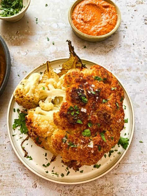 Whole Roasted Cauliflower with Romesco Sauce - Vikalinka Mediterranean Vegetarian Recipes, Mediterranean Vegetarian, Coconut Lentil Curry, Vegan Curry Recipes, Roasted Cauliflower Recipes, Romesco Sauce, Cherry Tomato Pasta, Whole Roasted Cauliflower, Vegan Coconut