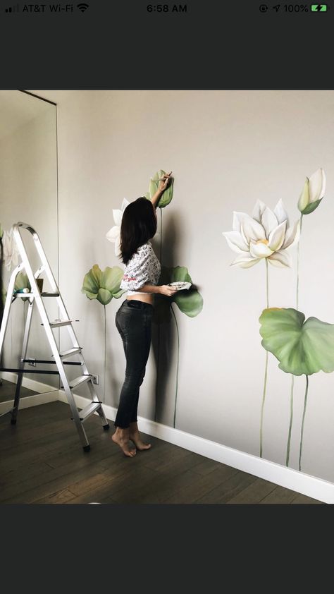 Diy Wall Painting, Bedroom Wall Designs, Bedroom Murals, Wall Painting Decor, Wall Murals Painted, Wall Drawing, Wall Paint Designs, Painting Flowers, Bedroom Paint