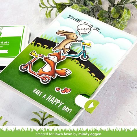 Lawn Fawn Scootin By, Reading Video, Interactive Card, Lawn Fawn Blog, Set Video, Slider Cards, Lawn Fawn Stamps, Have A Happy Day, Interactive Cards