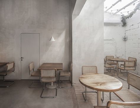 Craft & Bloom Cooks Up a Minimalist Restaurant Called Opa in Tel Aviv | Interior Design Magazine Tables And Chairs, Cafe Interior Design, Ral Colours, Metal Ceiling, Pink Interior, Ceiling Rose, Restaurant Interior, Cafe Interior, Cafe Design