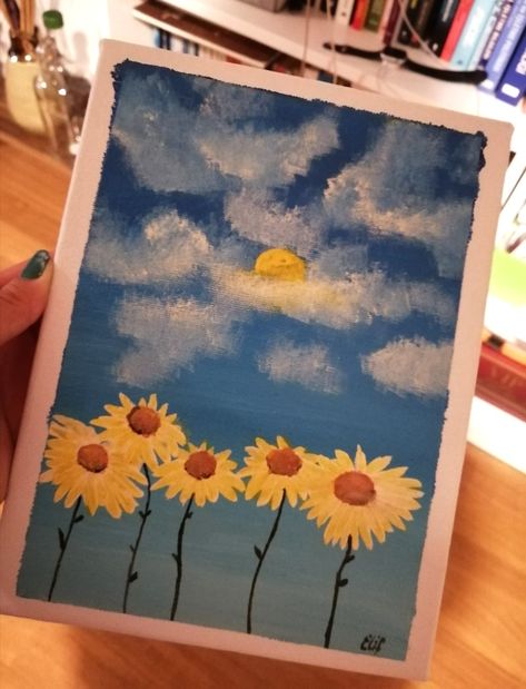 Clouds Acrylic, Sun Painting, Flower Acrylic, Flowers Drawing, Painting Words, Acrylic Painting Flowers, Sun And Clouds, Painting Flower, Painting Inspo