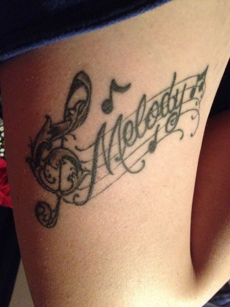 Melody tattoo Melody Tattoo Name, Melody Name Tattoo, Melody Tattoo Ideas, Melody Name, Melody Tattoo, Car Sticker Ideas, Wrist Bracelet Tattoo, Tribute Tattoos, Baby Tattoo