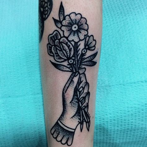 Mike Adams Bouquet in hand tattoo Bouquet Tattoo, Tattoo Trend, Tattoo Traditional, Traditional Tattoo Art, Trendy Tattoos, Hand Holding, Love Tattoos, Beautiful Tattoos, Leg Tattoos