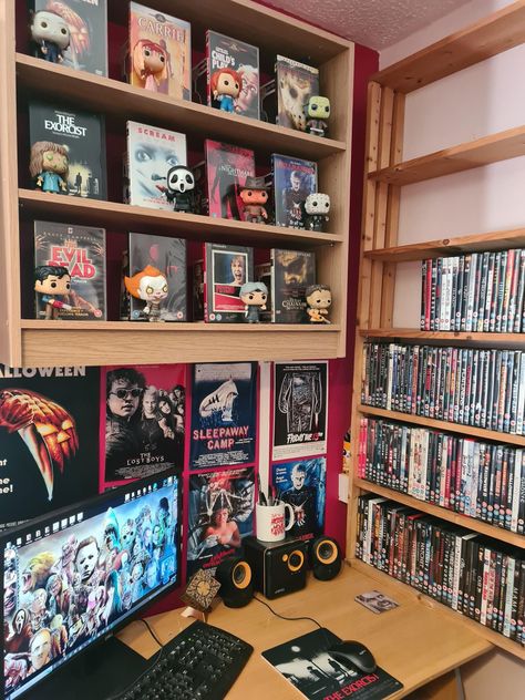 Dvd Shelf Aesthetic, Dvd Collection Display, Dvd Shelf Ideas, Dvd Display Ideas, Funko Pop Room, Movie Collection Display, Funko Pop Collection Room, Dvd Collection Aesthetic, Funko Pop Aesthetic