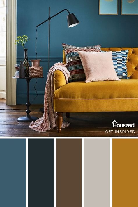 Get inspired with Houszed...This BLUE AND GOLD COLOR INSPIRATION will help get your creative juices flowing. With full color details and hex codes... #bluegoldcolorpalette #bluegoldcolorscheme #bluegoldcolor #bluegoldinterior #bluegoldinteriordesign #bluegolddesign #bluegoldinspiration #navyblueandgoldbedroomideasinspiration #blueandgoldinspiration Color Palette Interior Design, Color Palette Living Room, House Color Palettes, Interior Design Color, Living Room Color Schemes, Room Color Schemes, Blue Living Room, Living Room Colors, A Living Room