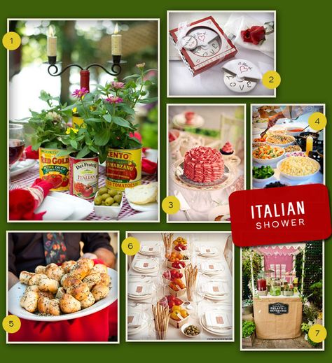 An Italian themed wedding shower is perfect for the bride that dreams of visiting Italy and loves Italian food. A sweet outdoor shower set up like an Italian bistro would be a perfect for this theme with white and red checked tablecloths and basil centerpieces on each table. A pasta bar with different types of … Italian Bridal Showers, Italy Party, Italian Themed Parties, Italian Bistro, Italian Dinner Party, Italian Party, Italian Theme, Pasta Bar, Wedding Shower Themes