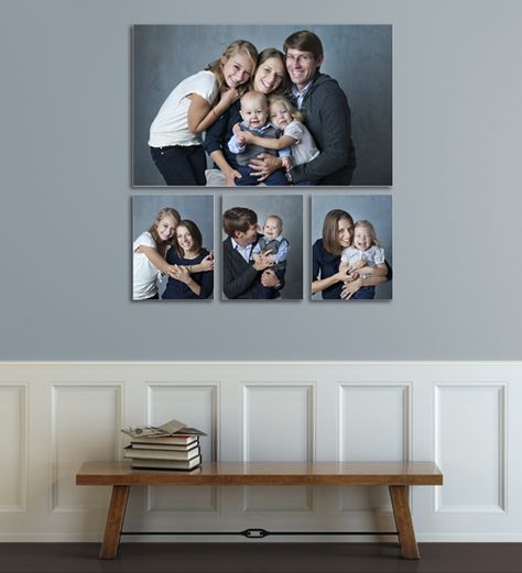 Three kids? Our family business collection is your answer Family Photo Wall Decor Ideas, How To Display Family Photos On Wall Above Couch, Canvas Prints On Wall Family Pictures, Family Canvas Ideas, Family Pictures On Wall, Photo Hanging, Photo Wall Display, Picture Gallery Wall, Family Photo Wall